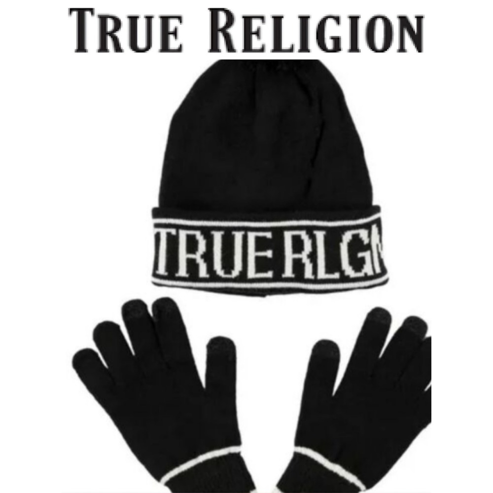 True Religion Block Logo Pom Beanie Hat & Glove Set